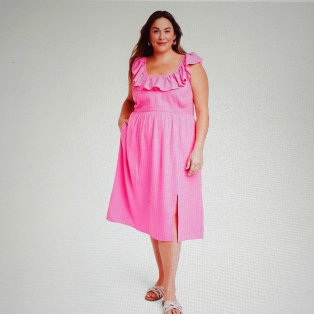 New Ava & Viv Ruffle Sleeveless A Line Dress Pink With Side Pockets Size 1X (18)
